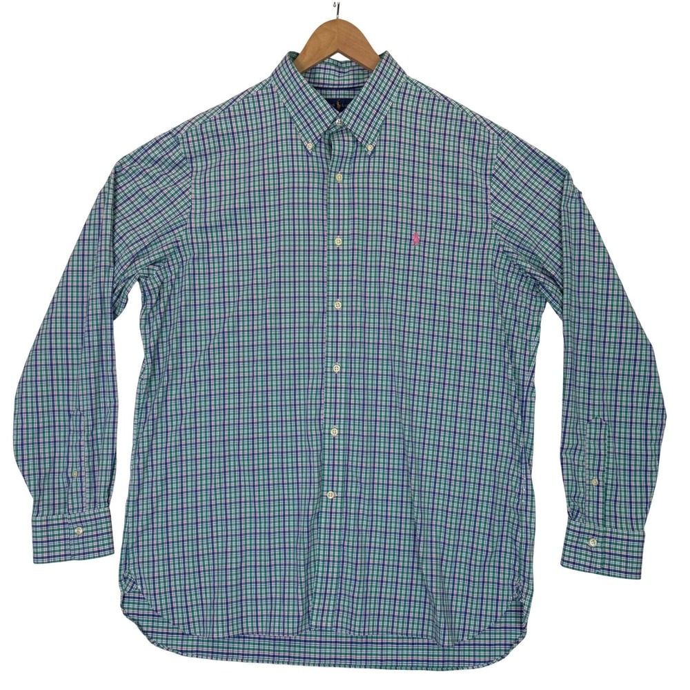 Ralph Lauren Polo Performance Button-Down Shirt Green Blue Check Long Sleeve XL